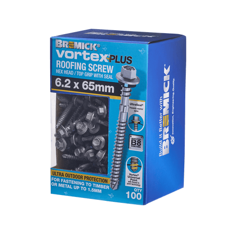 Bremick 6.2 x 65mm Vortex Plus Roofing Screw with Seal, Hex Head Fine Thread - 100 Box