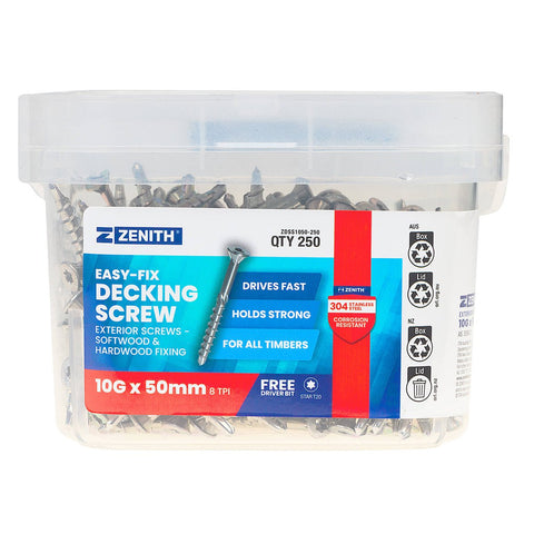 Zenith Easy-Fix Decking Screw T20 10G x 50mm SS304 Stainless, 250 Pack