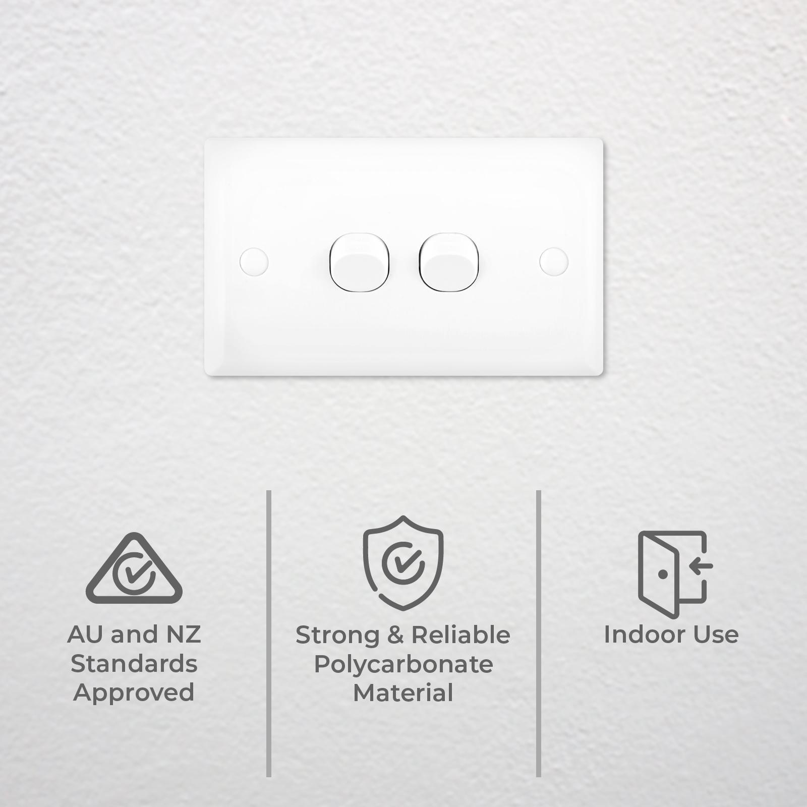DETA White Solid Plate Double Switch - 2 Gang Polycarbonate 240V