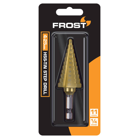 Frost 4-25mm HSS-TiN Step Drill, 11 Steps, 1/4" Hex Shank