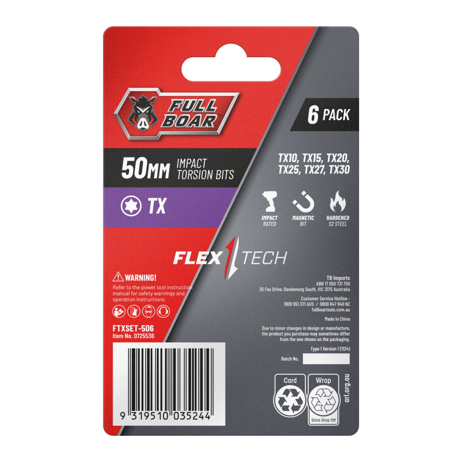 Full Boar TX x 50mm S2 Steel Magnetic Impact Torsion Bits Set 6 Pack