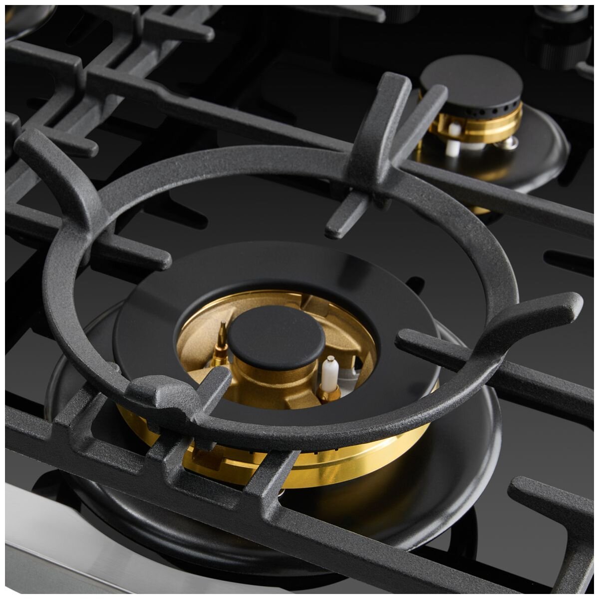 Omega 60cm Natural Gas Cooktop - Black Ceramic Glass, Wok Burner, Brass Burners, Cast Iron Trivets - OCGG604WB