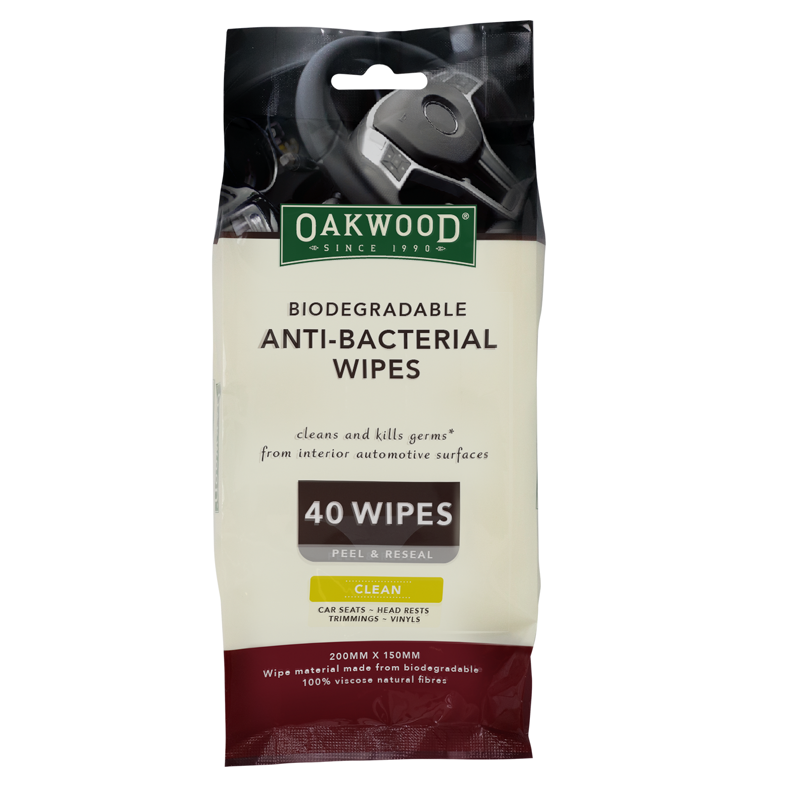 Oakwood 200 x 150mm Biodegradable Anti-Bacterial Wipe - 40 Pack