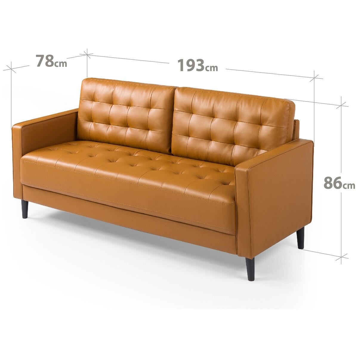 Zinus Benton 3 seater faux leather sofa - cognac, grid tufted, tapered wooden legs - AU-USSBTF-3CL