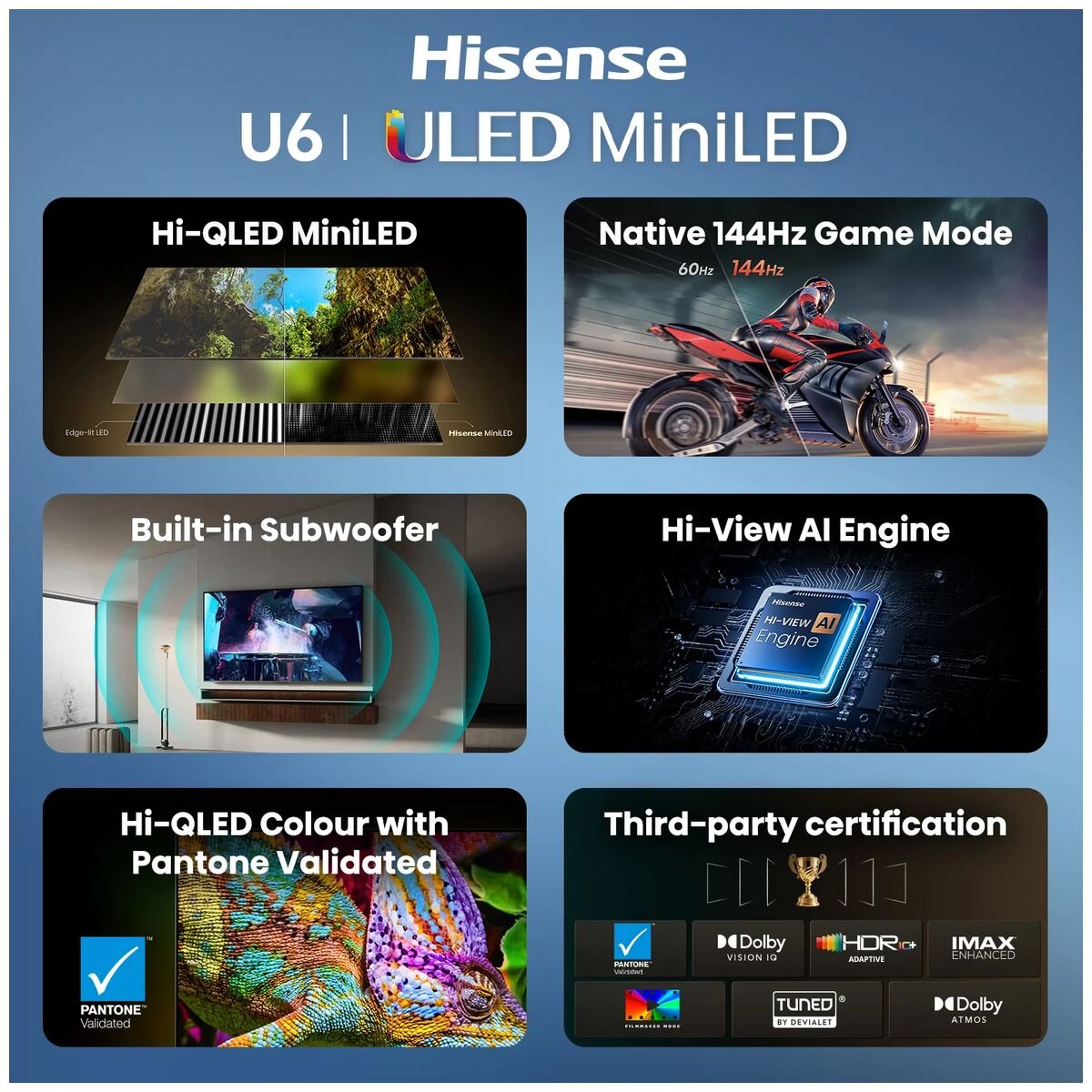 Hisense 85 Inch Mini-LED 4K Smart TV - Dolby Vision and Atmos, FreeSync Premium, VIDAA U9 - 85U6SAU
