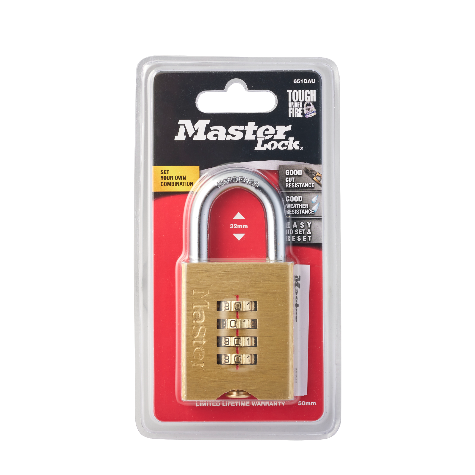 Master Lock 50mm Brass Resettable Combination Padlock - Hardened Steel Shackle, 4-Dial