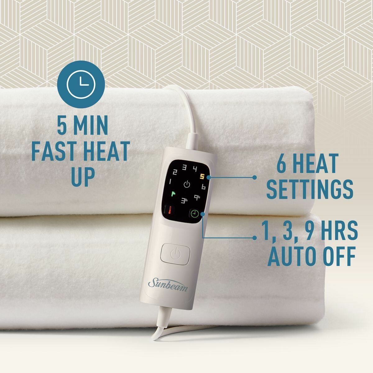 Sunbeam Sleep Perfect Antibacterial Single Electric Blanket - Six Heat Settings, Machine Washable - BLA6321