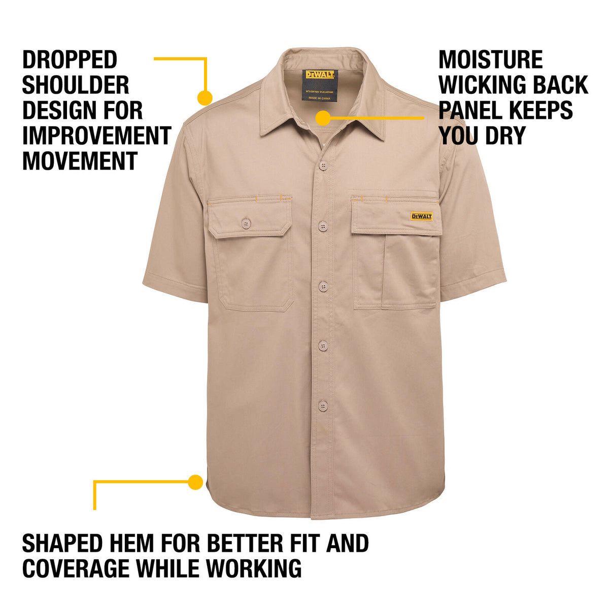 DEWALT Khaki Basalt Short Sleeve Button Up Shirt - Men's Size XL, Stretch Cotton