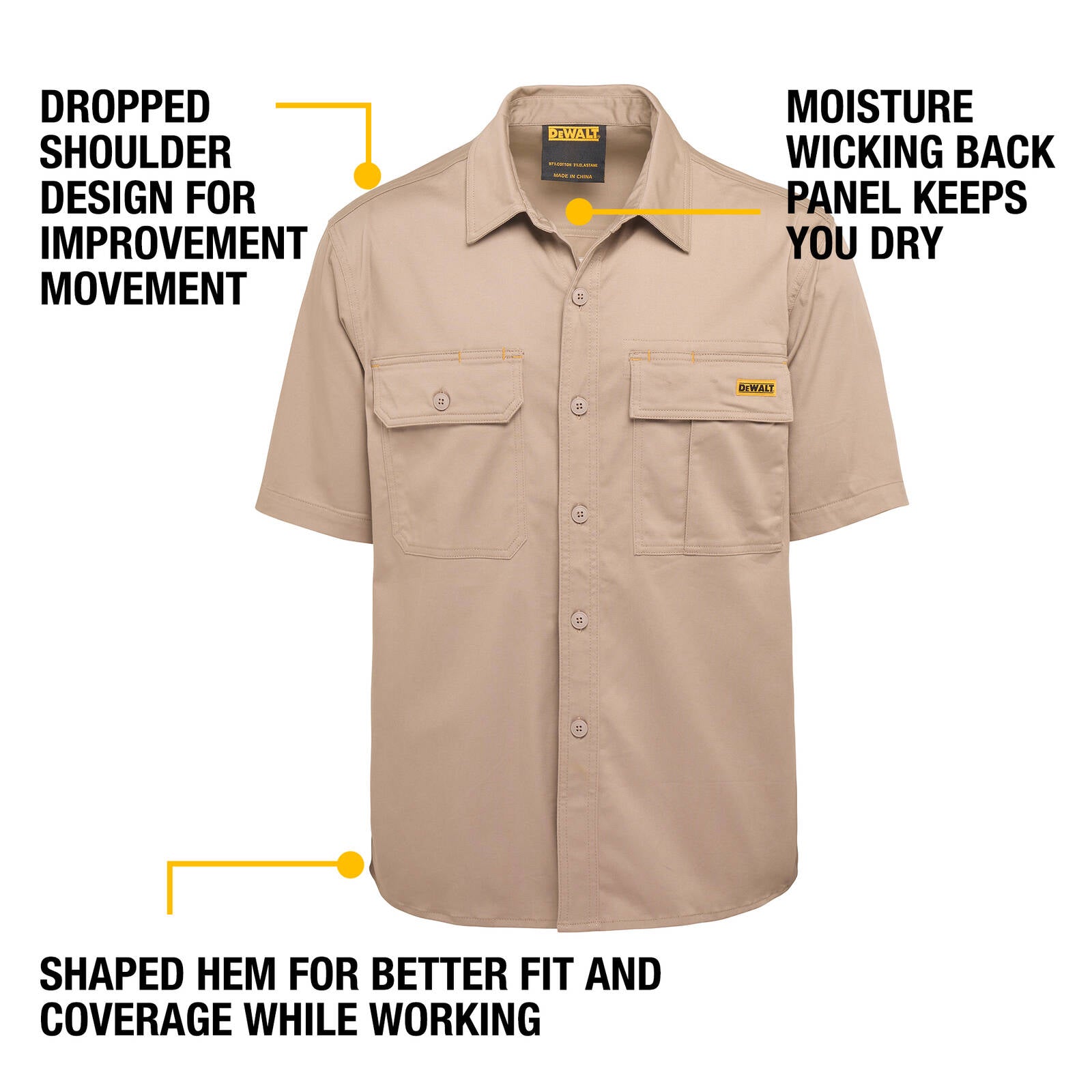 DeWALT Basalt Short Sleeve Button Up Work Shirt - Khaki, Size M, 97% Cotton