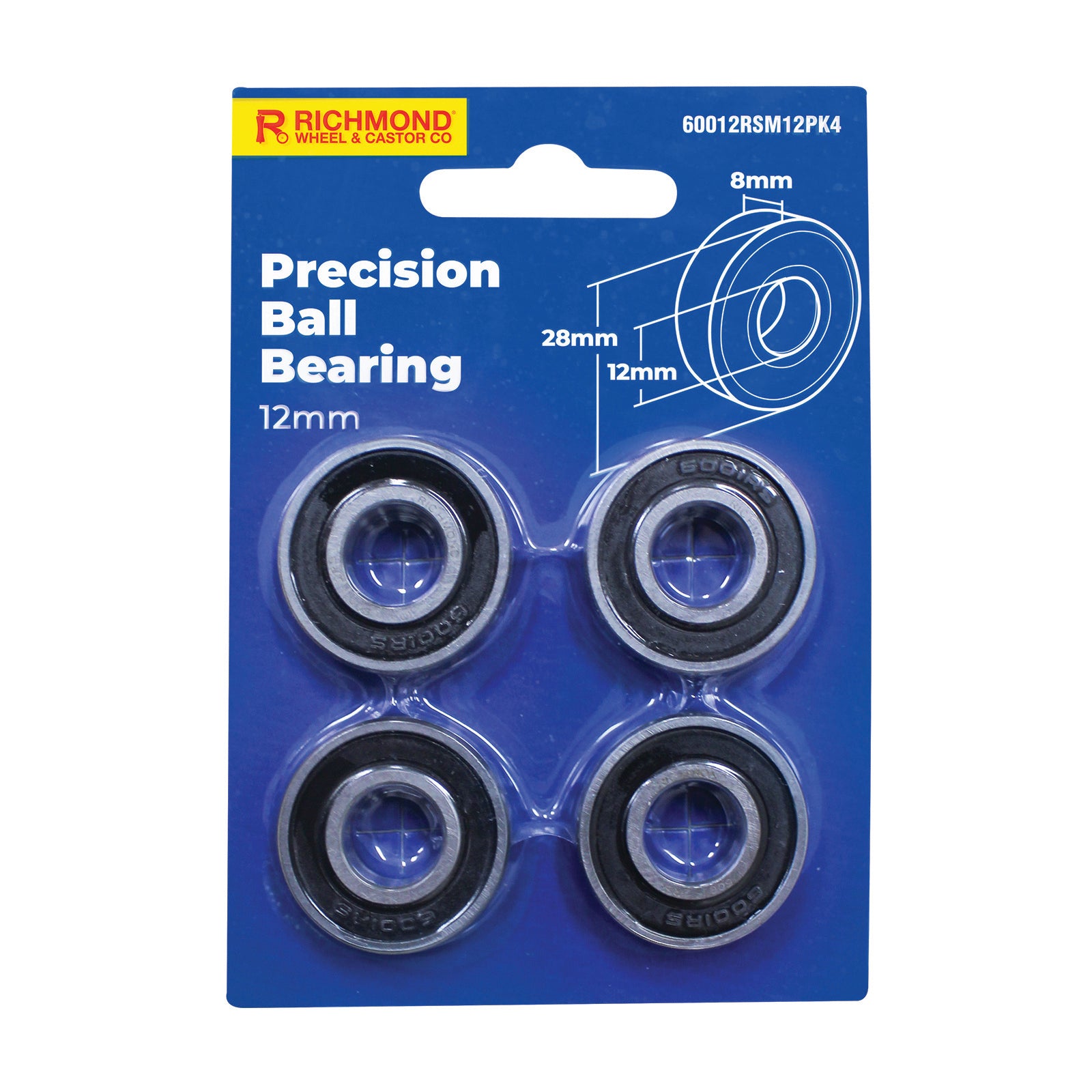 Richmond 28 x 12 x 8mm Chrome Steel Rubber Sealed Ball Bearing - 4 Pack