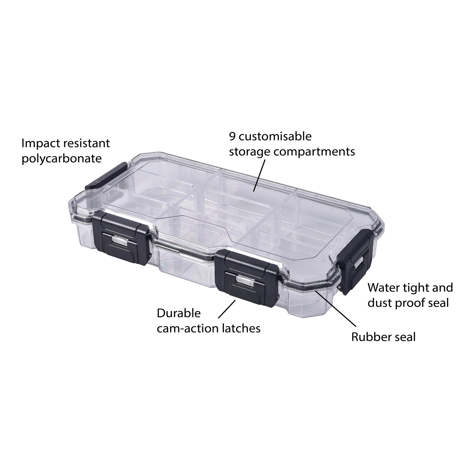 Tactix 9 Compartment Waterproof Storage Box - Large Clear Stackable Polycarbonate Organiser