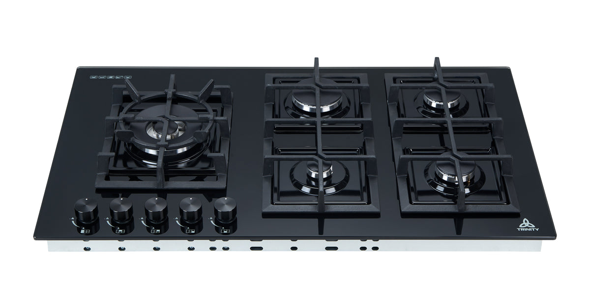 Trinity 90cm 5 Burner Gas Cooktop - Black Tempered Glass - Wok Burner - Cast Iron Trivets - TRG900BK