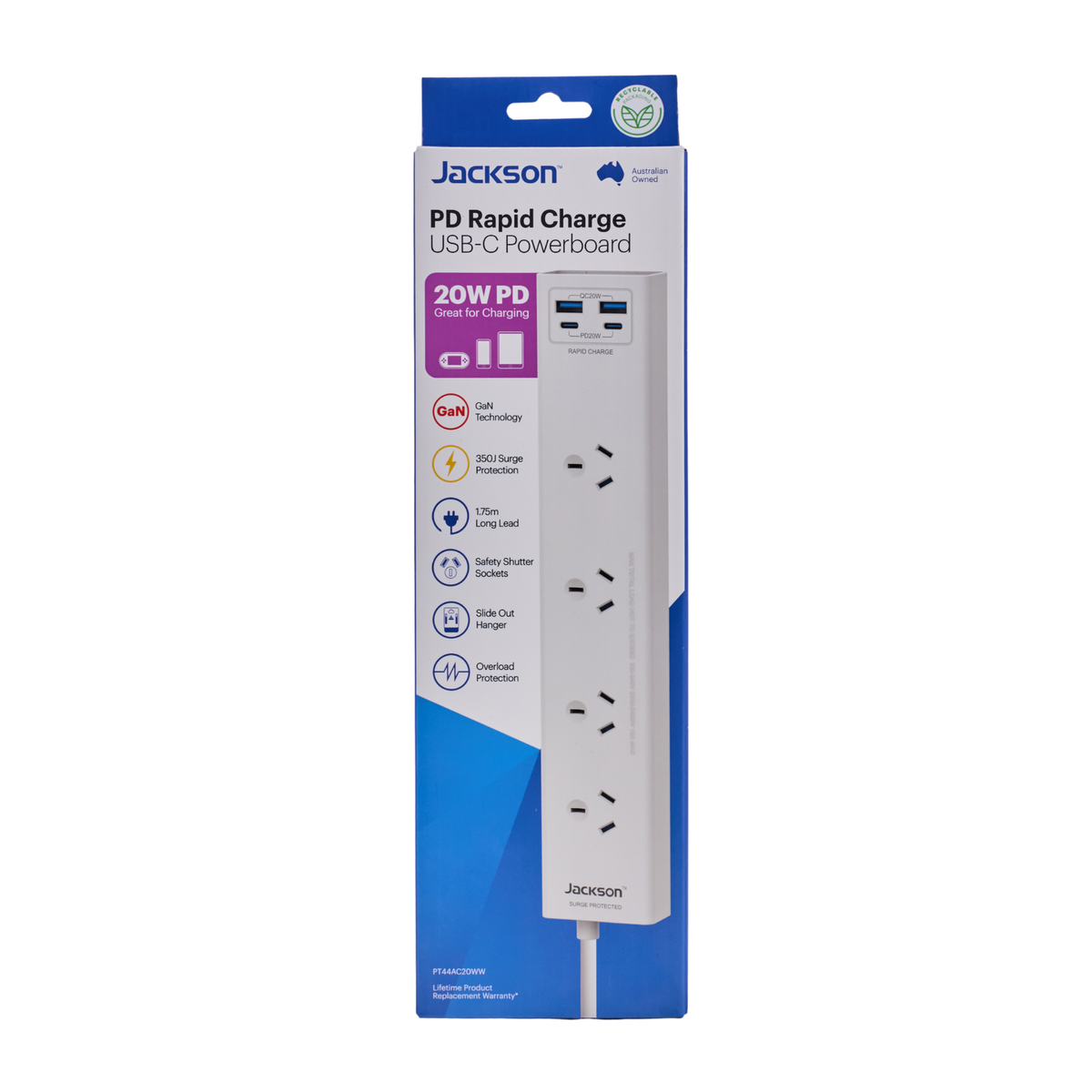Jackson 4 Outlet Powerboard USB-A/USB-C PD20W 2 Wide-Spaced White PT44AC20WW