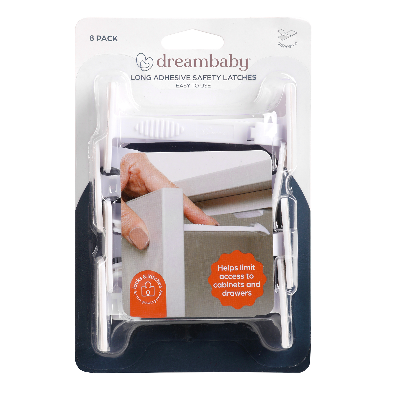 Dreambaby Child Safety Adhesive Long Plastic Catches 8 Pack Self Adhesive