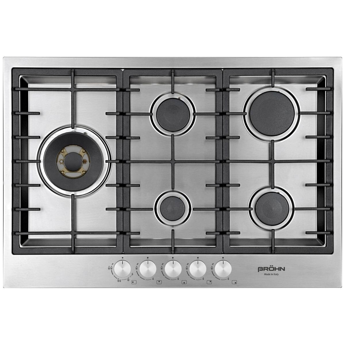 Brohn 75cm Stainless Steel Gas Cooktop - Made in Italy, 21.6MJ/h Wok Burner, Five Burners - BRGC756IT