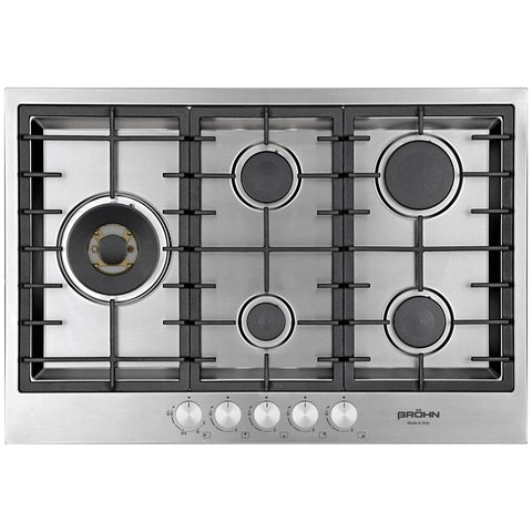 Brohn 75cm Stainless Steel Gas Cooktop - Made in Italy, 21.6MJ/h Wok Burner, Five Burners - BRGC756IT