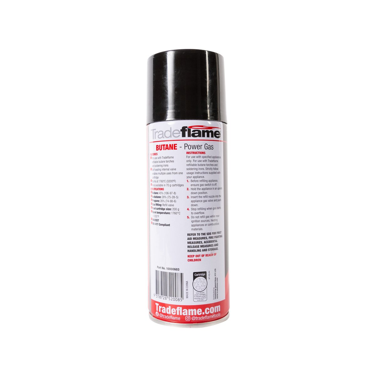Tradeflame 200g Butane Gas Cartridge Refill Valve - Self-Sealing Valve - EN 417 Certified - SuperSaverAU - view 2