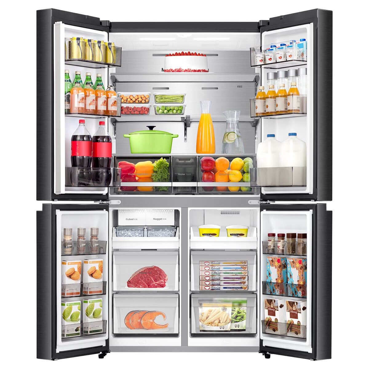 Hisense 640L Quad Door Fridge - Dark Stainless Steel - Non-Plumbed Ice and Water Dispenser - HRCD640TBW