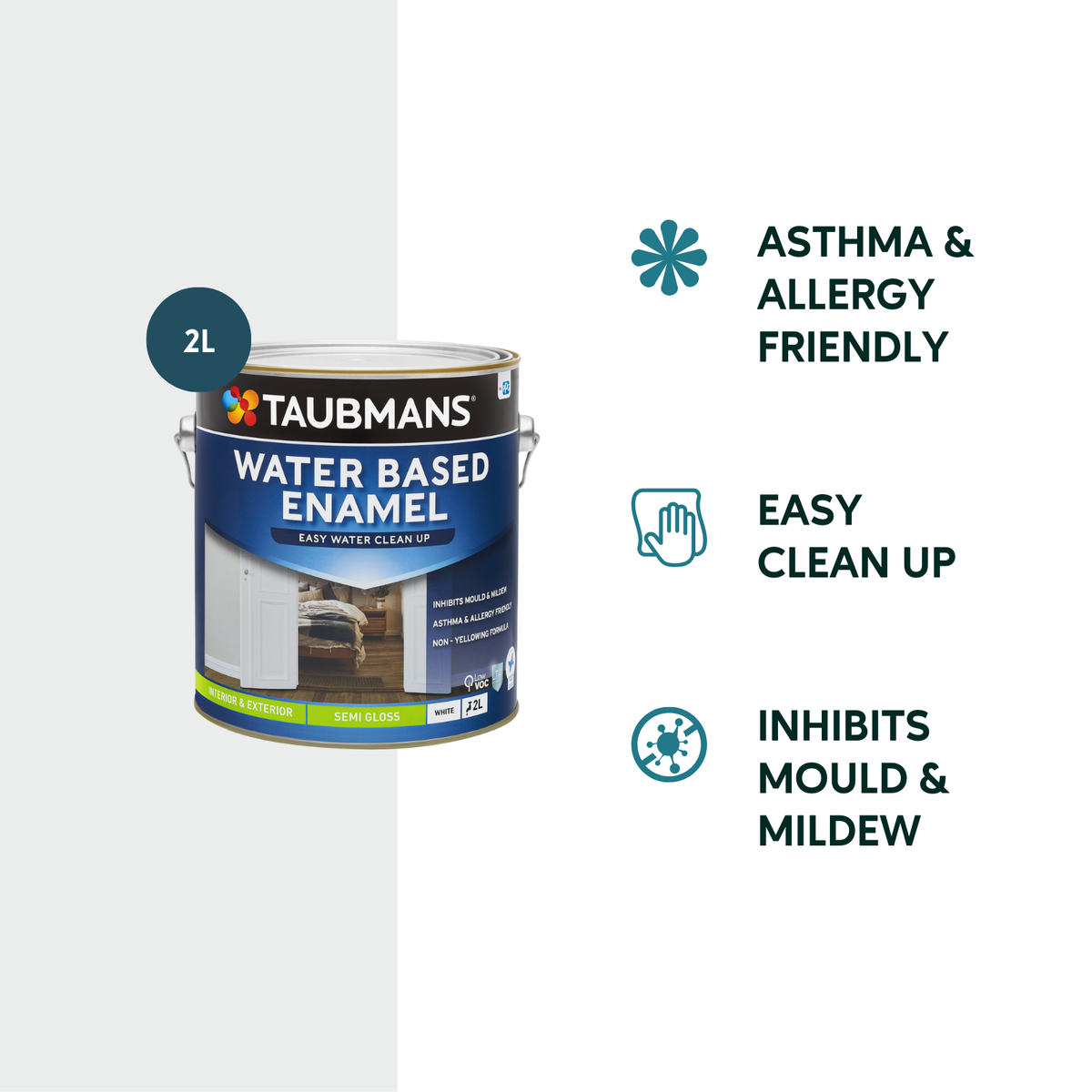 Taubmans 2L White Semi Gloss Water Based Enamel Paint - Durable Finish - Easy Clean-Up - SuperSaverAU - view 2