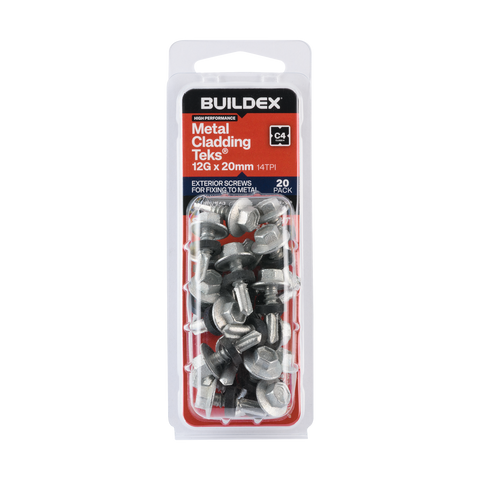 Buildex 12G x 20mm Class 4 Metal Cladding TEKS Screws with Seal, Hex Head - 20 Pack