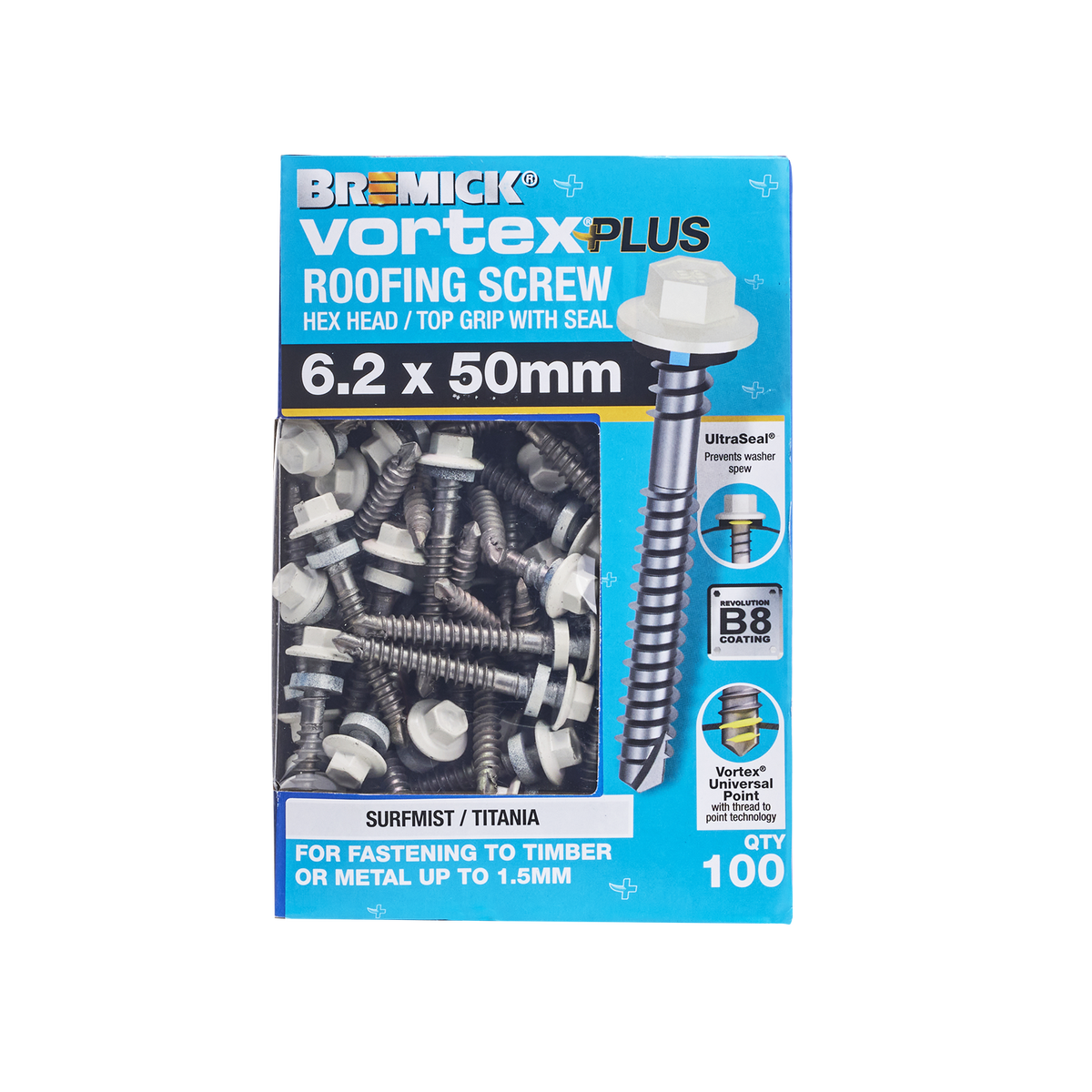 Bremick Vortex Plus Roofing Screw 6.2 x 50mm - Box of 100 - Hex Drive - Watertight Seal - SuperSaverAU - view 2
