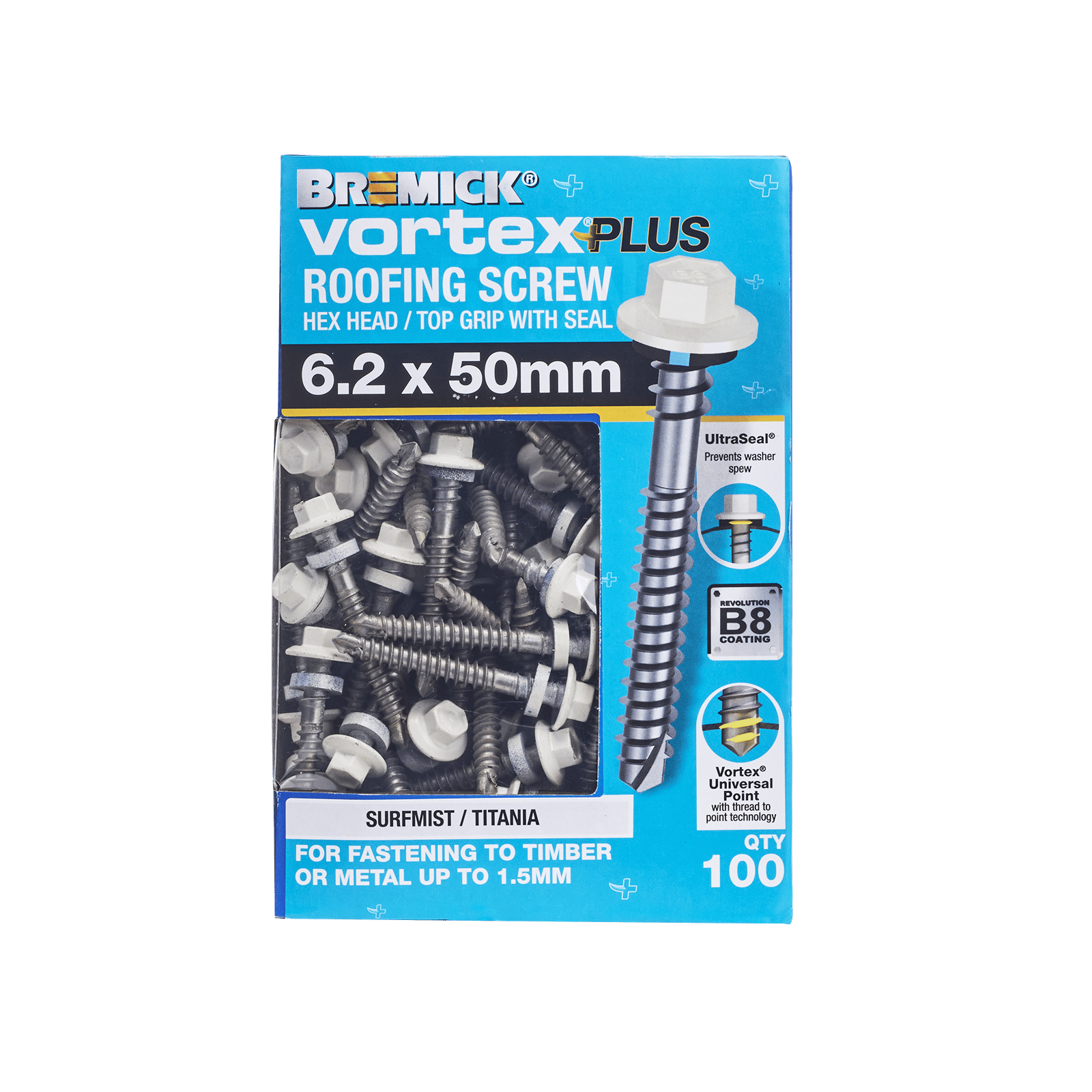 Bremick Vortex Plus 6.2 x 50mm Hex Roofing Screws B8 Surfmist - 100 Pack