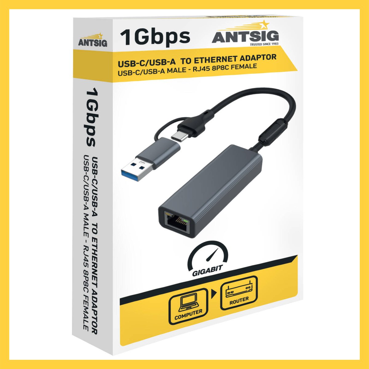 Antsig USB-C / USB-A to Ethernet Adapter AP5812 - Grey Aluminium, Wired Internet