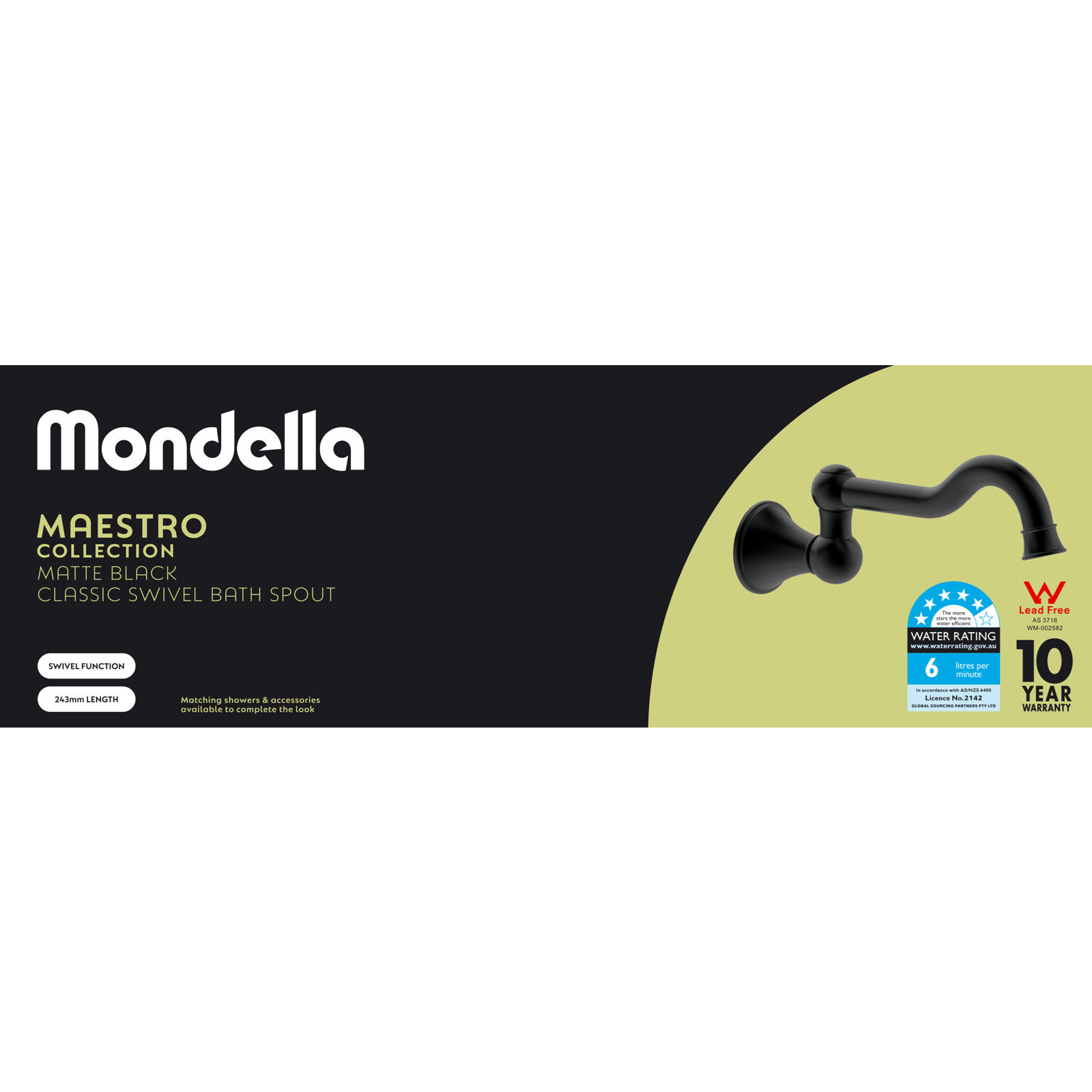 Mondella Maestro Classic Swivel Bath Spout Matte Black Lead-Free Brass WELS 5 Star