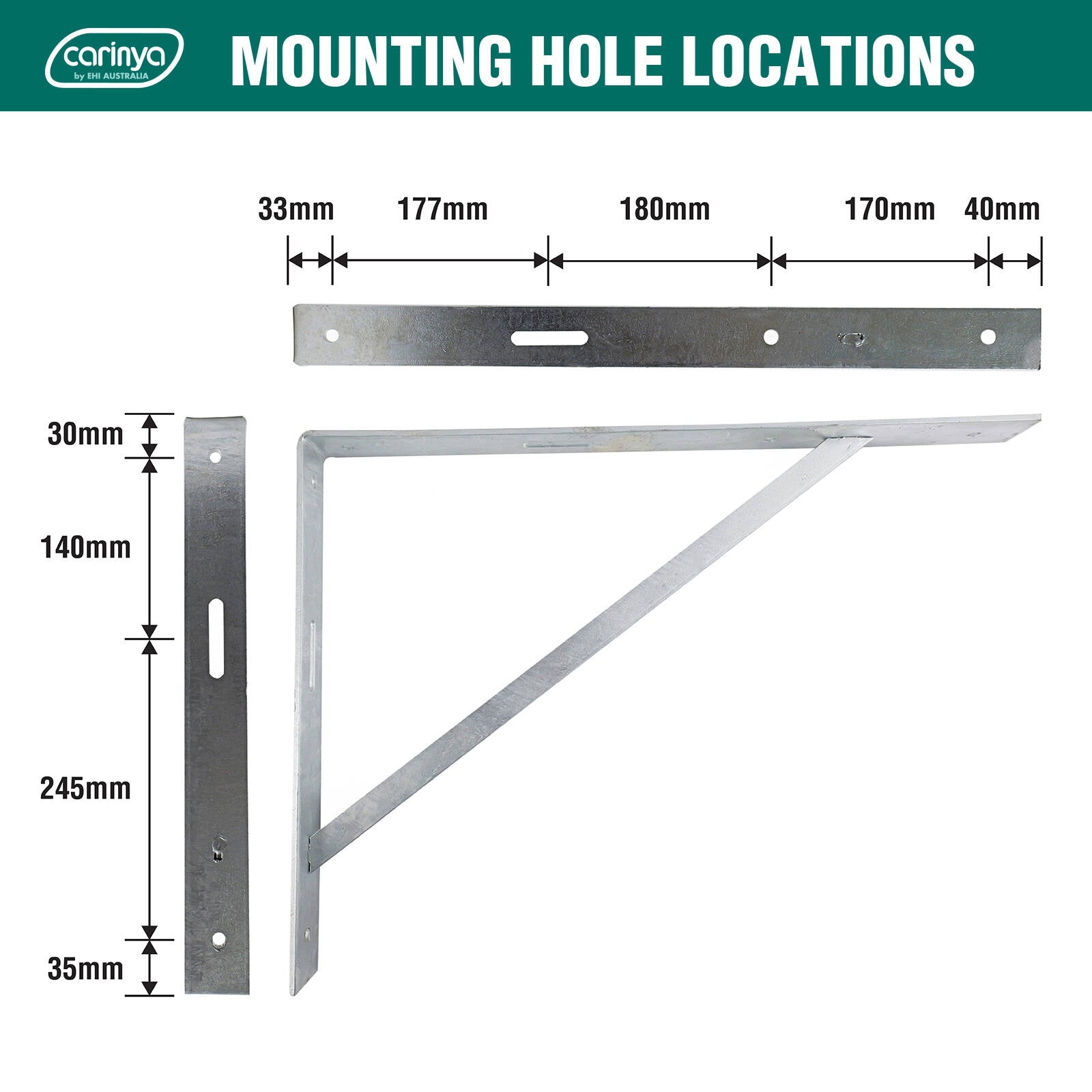 Carinya 600 x 450mm Galvanised Heavy Duty Straight Stay Bracket, 150kg Capacity