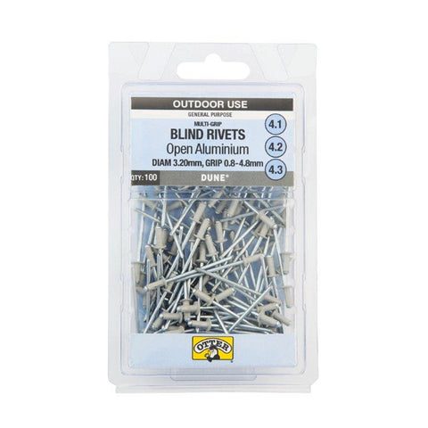 Otter Dune 3.2 x 0.8-4.8mm Multi-Grip Open Aluminium Blind Rivets 100 Pack