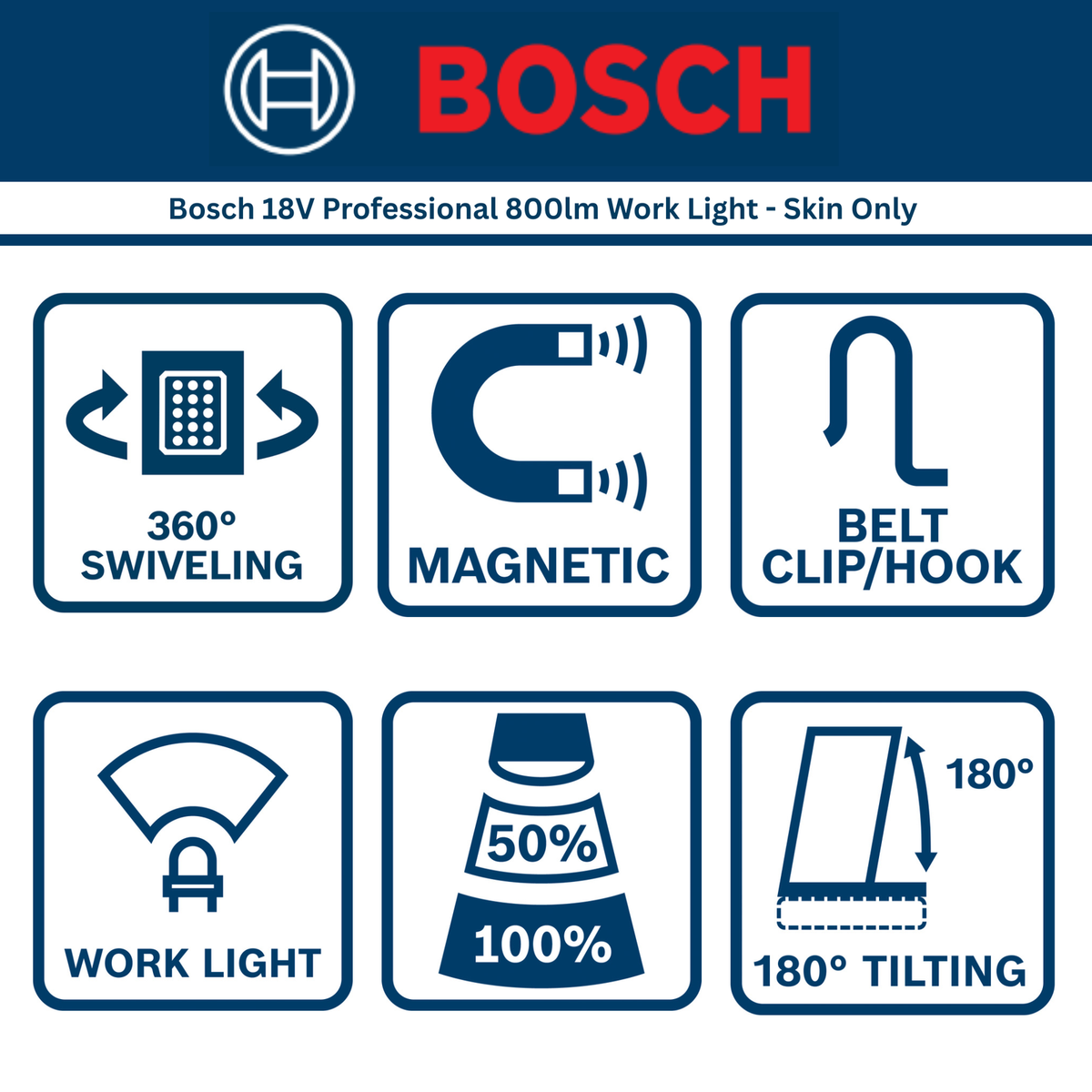 Bosch 18V Professional Work Light 800lm - 360° Swivel 180° Tilt - Compact - SuperSaverAU - view 3