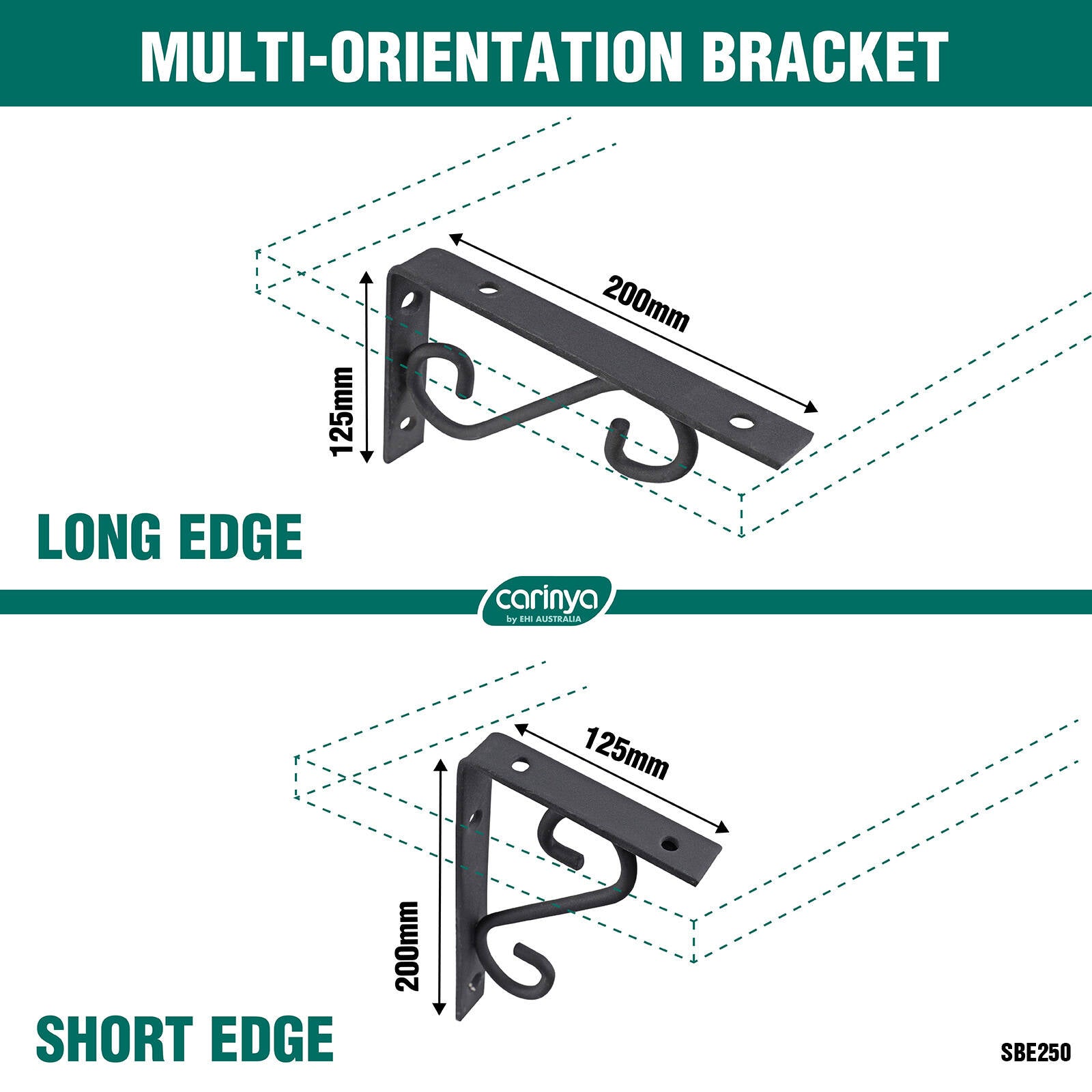 Carinya 250 x 125mm Black Powder Coated Steel Scroll Stayed Bracket 80kg