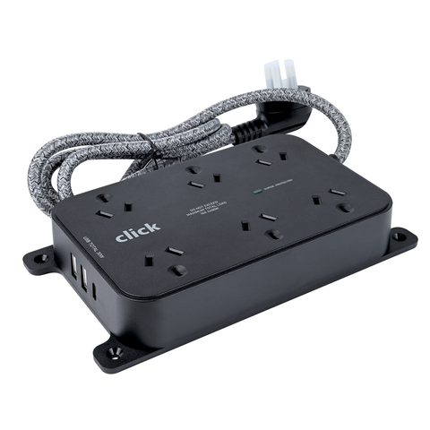 Click 6 Outlet Powerboard - Compact Design - Surge Protection - White - 300mm x 100mm - SuperSaverAU - view 1