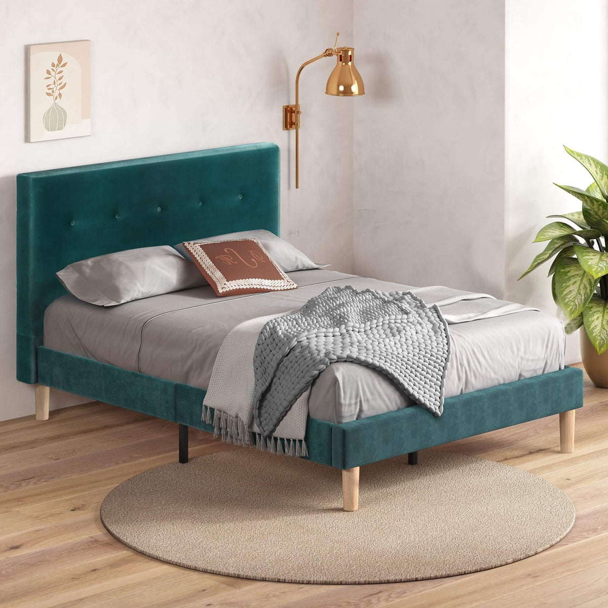 Zinus Double Upholstered Bed Base - Green Velvet, Padded Headboard, Slatted Base, 150kg - AU-FPPOPB-12D