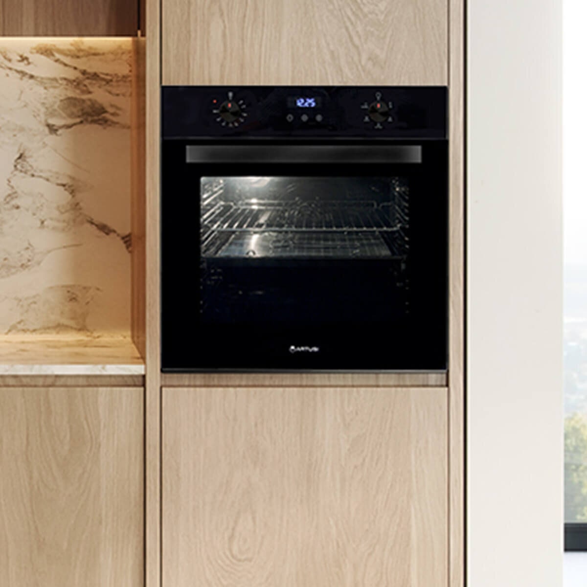 Artusi 60cm Electric Built-In Air Fry Oven - 76L, Black Glass, 12 Functions, Triple Glazed - CAO611B