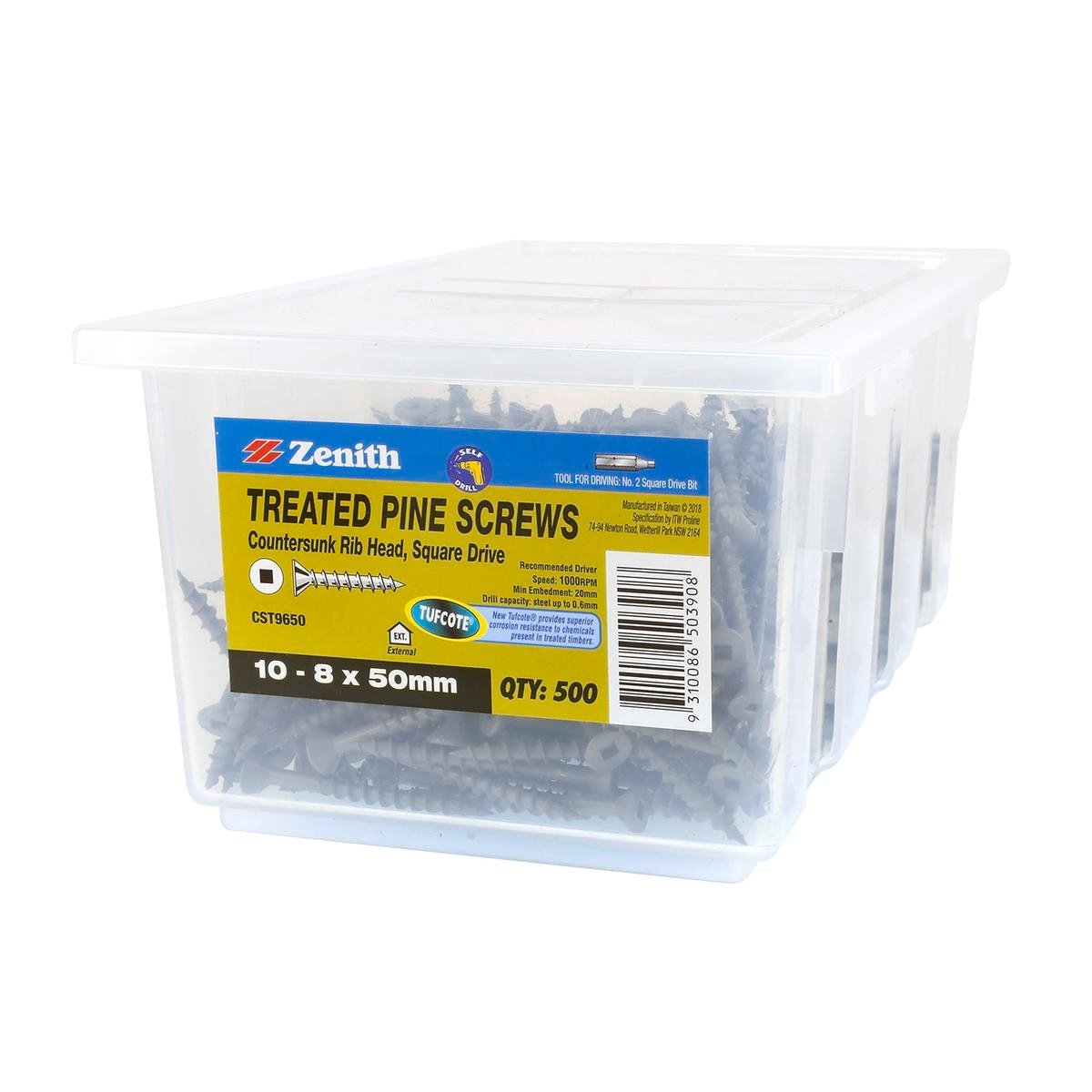 Zenith 10-8 x 50mm Tufcote Countersunk Rib Head Treated Pine Screws Carbon Steel 500 Pack