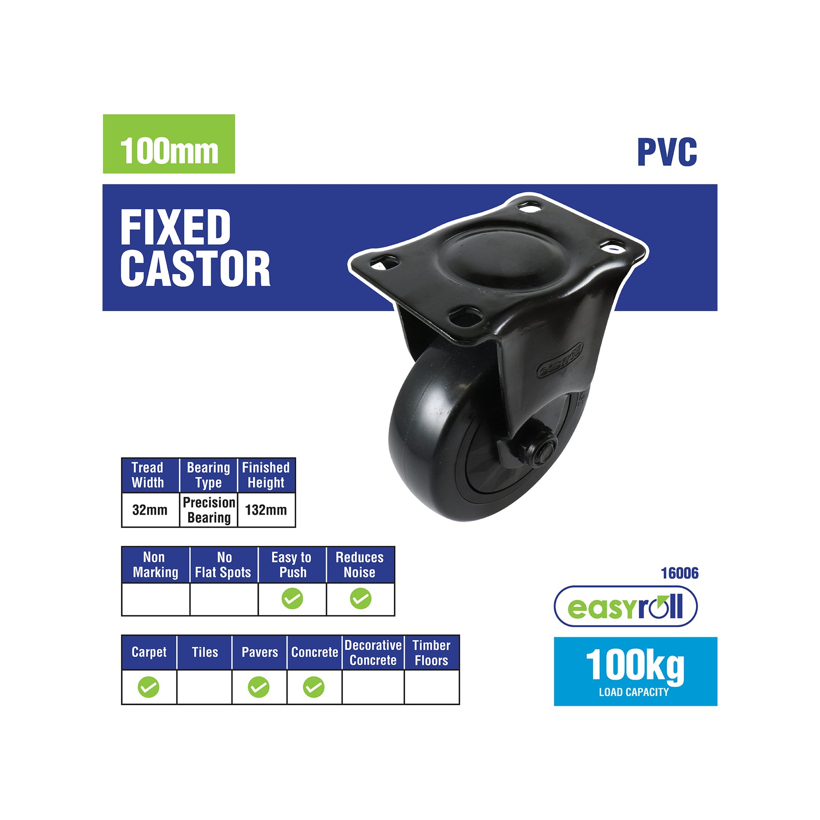 Easyroll 100mm Black PVC Castor 100kg Indoor Outdoor