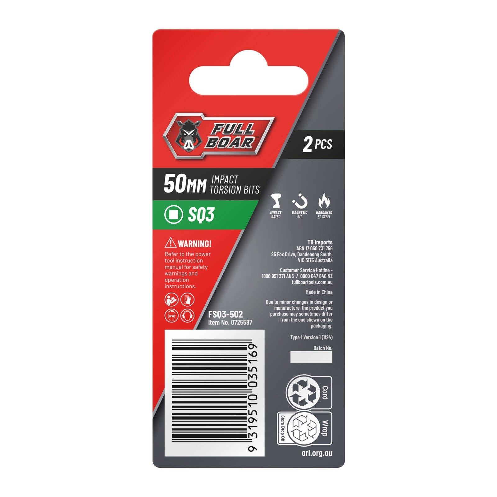 Full Boar SQ3 x 50mm Impact Torsion Bits Set - 2 Pack, S2 Steel, 1/4" Hex