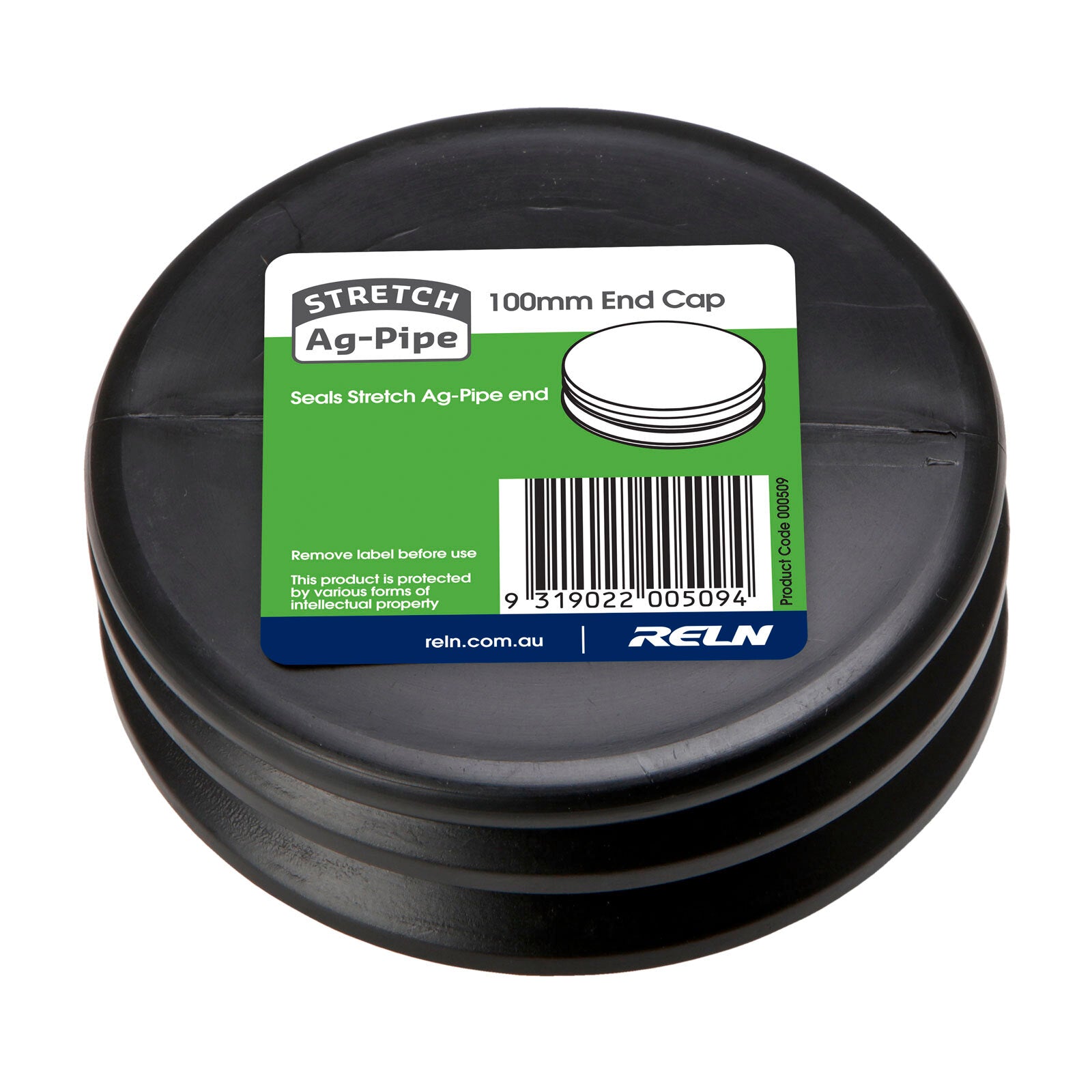 Reln Stretch Ag-Pipe 100mm End Cap, Black Plastic Drainage Fitting