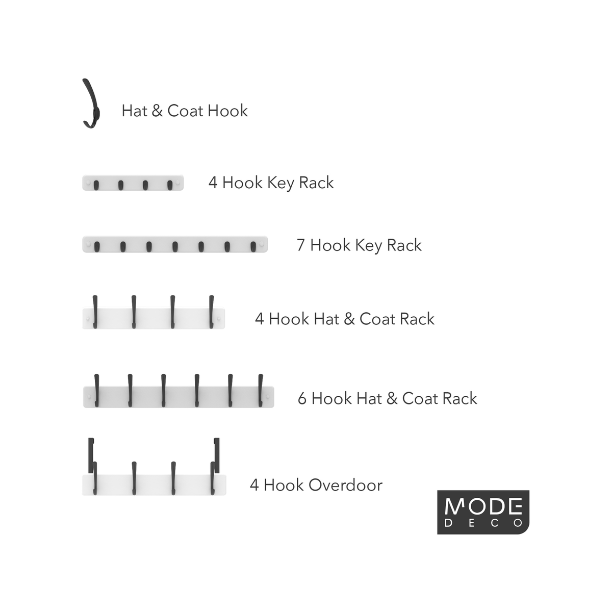 MODE Over Door Hanger - 4 Black Hooks on White Board