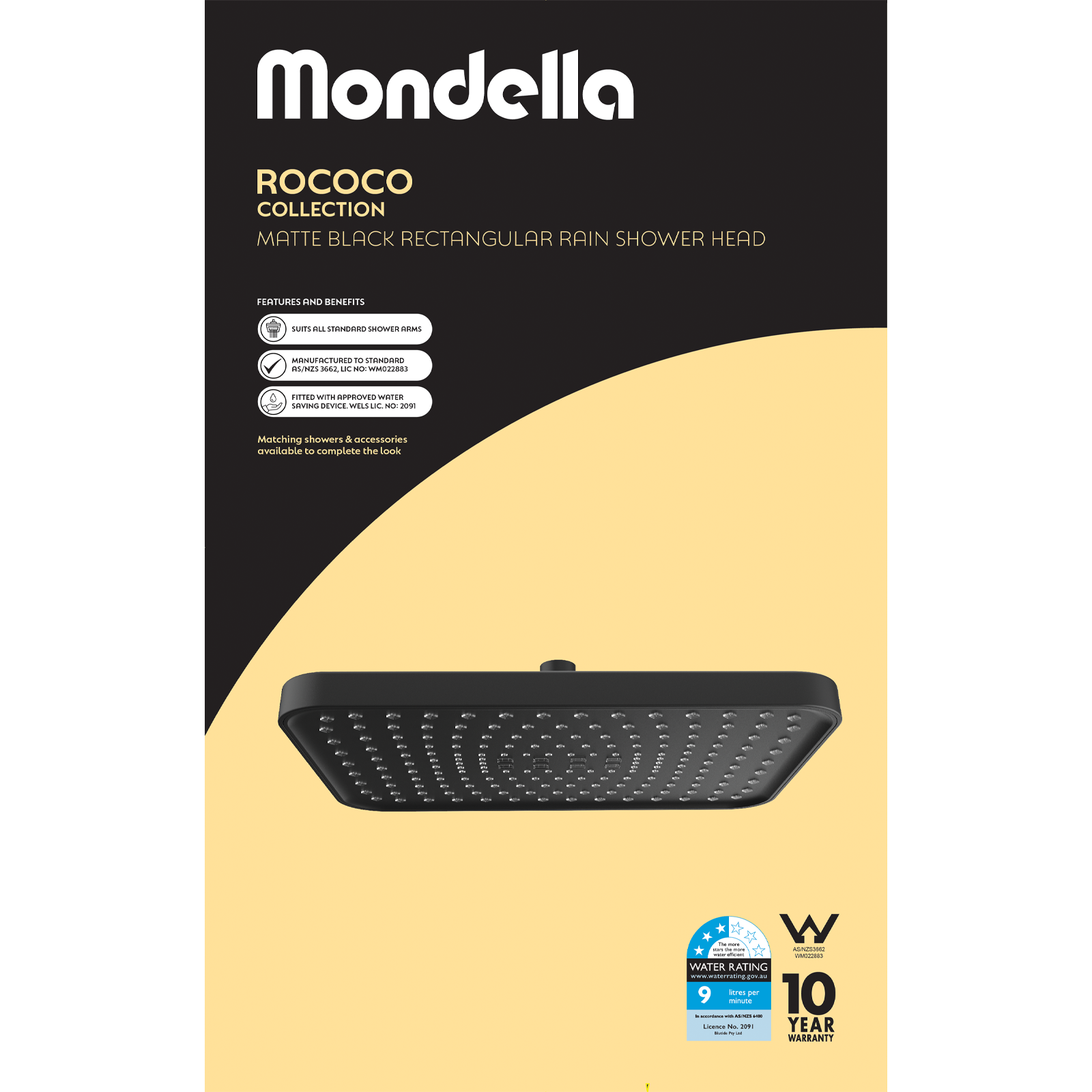 Mondella Matte Black Rococo Rectangular Rain Shower Head 300mm 9L/min WELS 3 Star