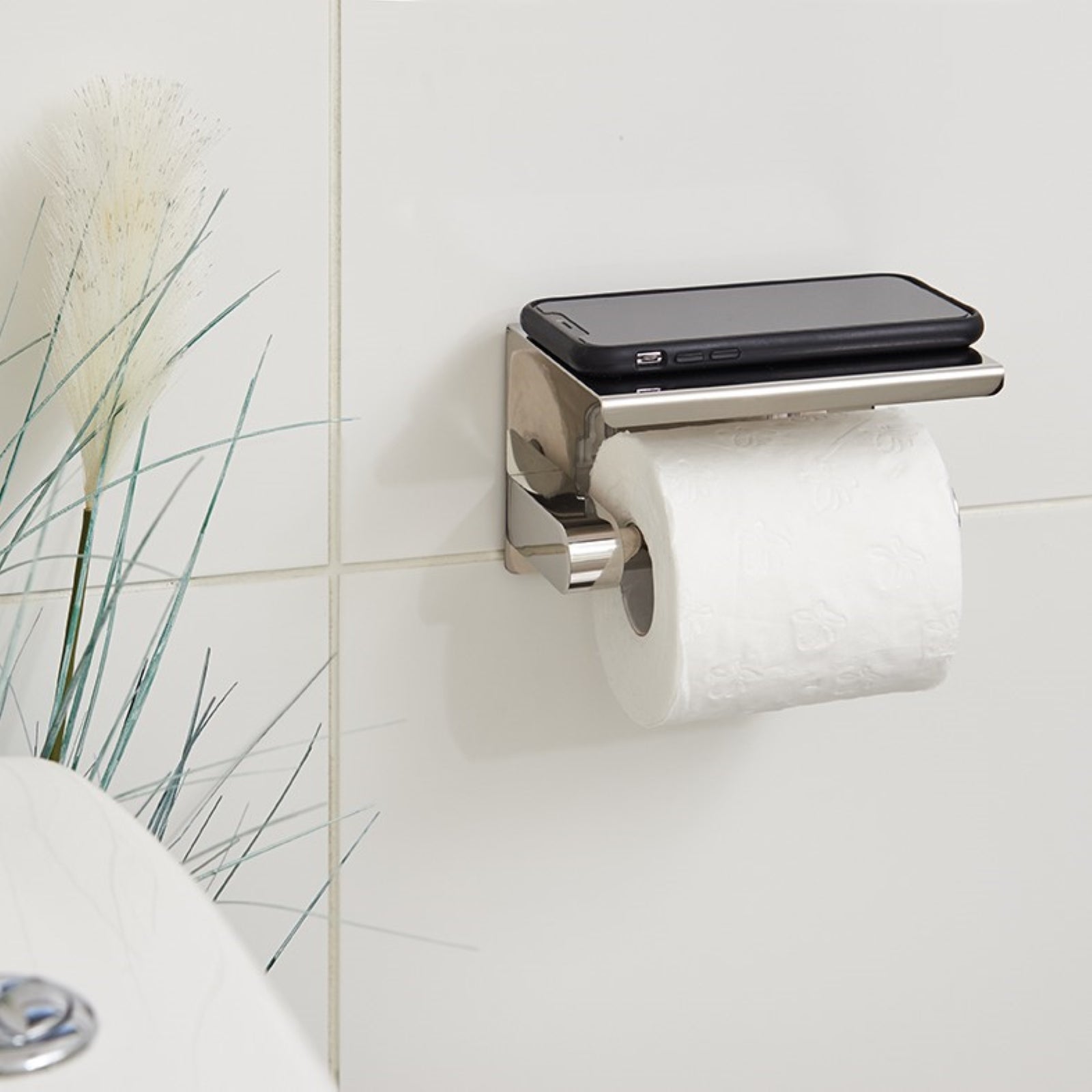 Naleon Adhesive Stainless Steel Toilet Roll Holder with Shelf, Chrome