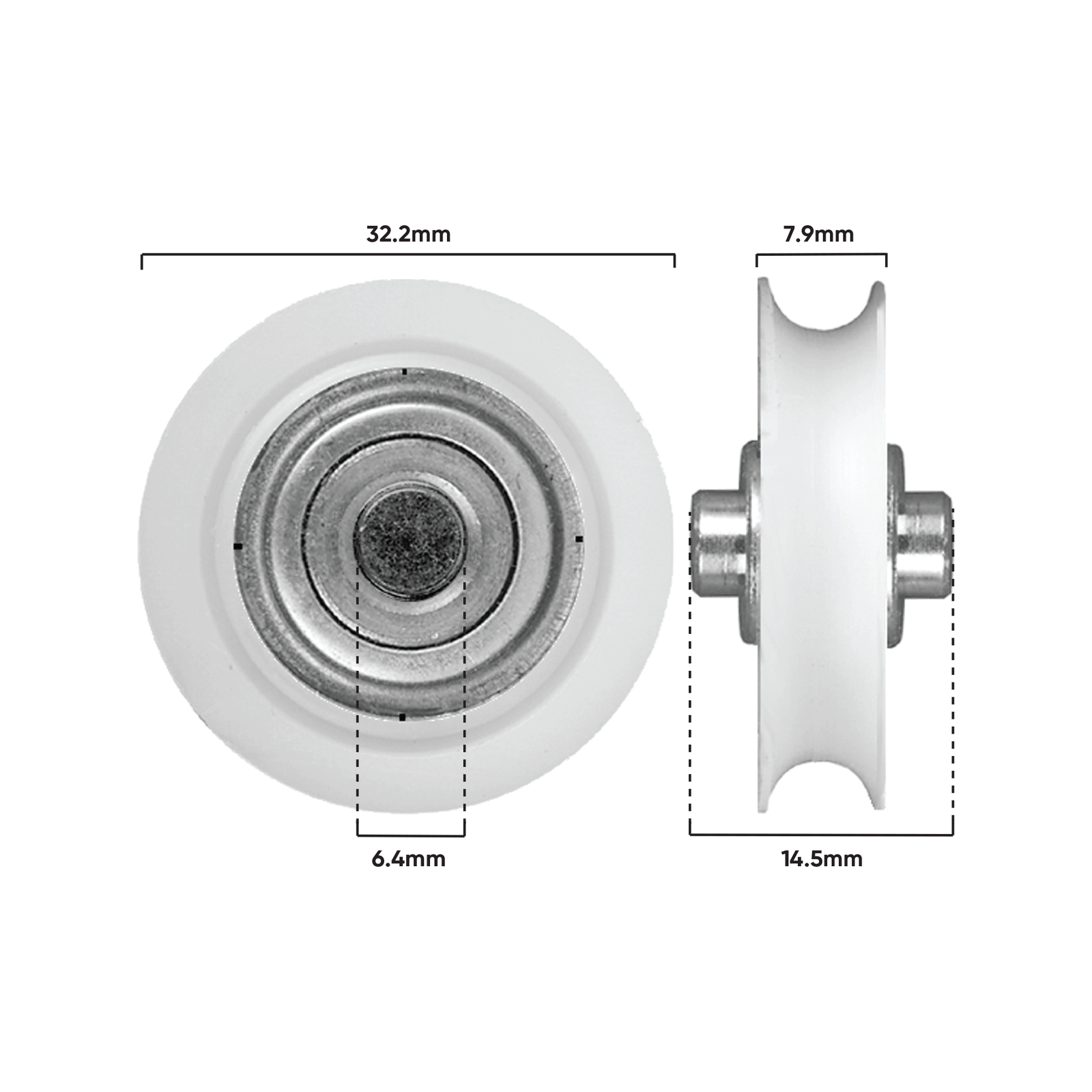Rolltrak 32mm White Nylon Concave Roller - Patio Door