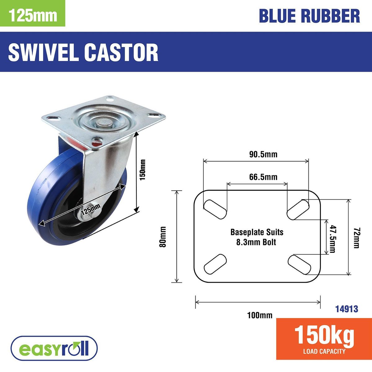 Easyroll 125mm Blue Rubber Heavy Duty Swivel Castor 150kg