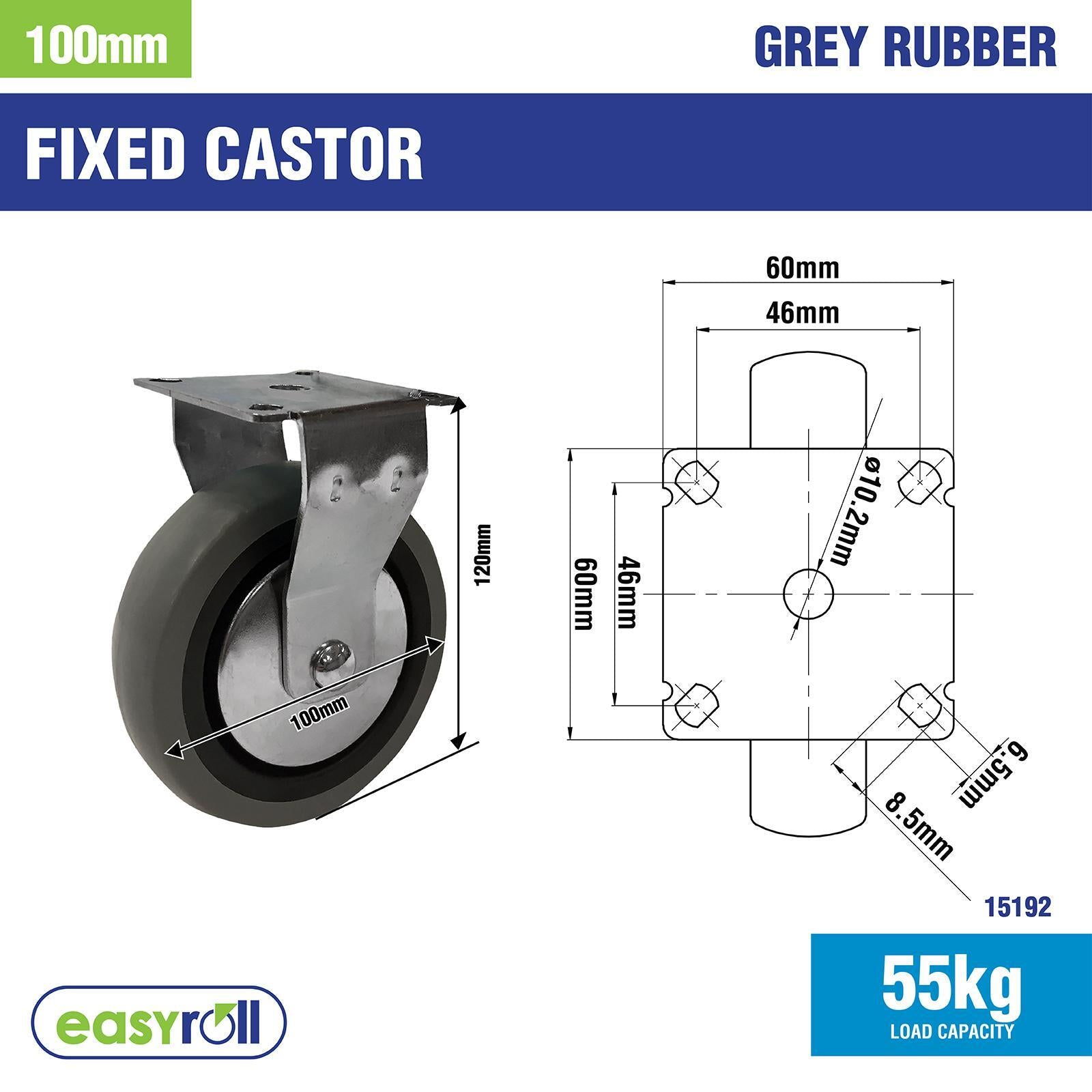 Easyroll 100mm Grey Rubber Fixed Plate Castor, Indoor, 55kg
