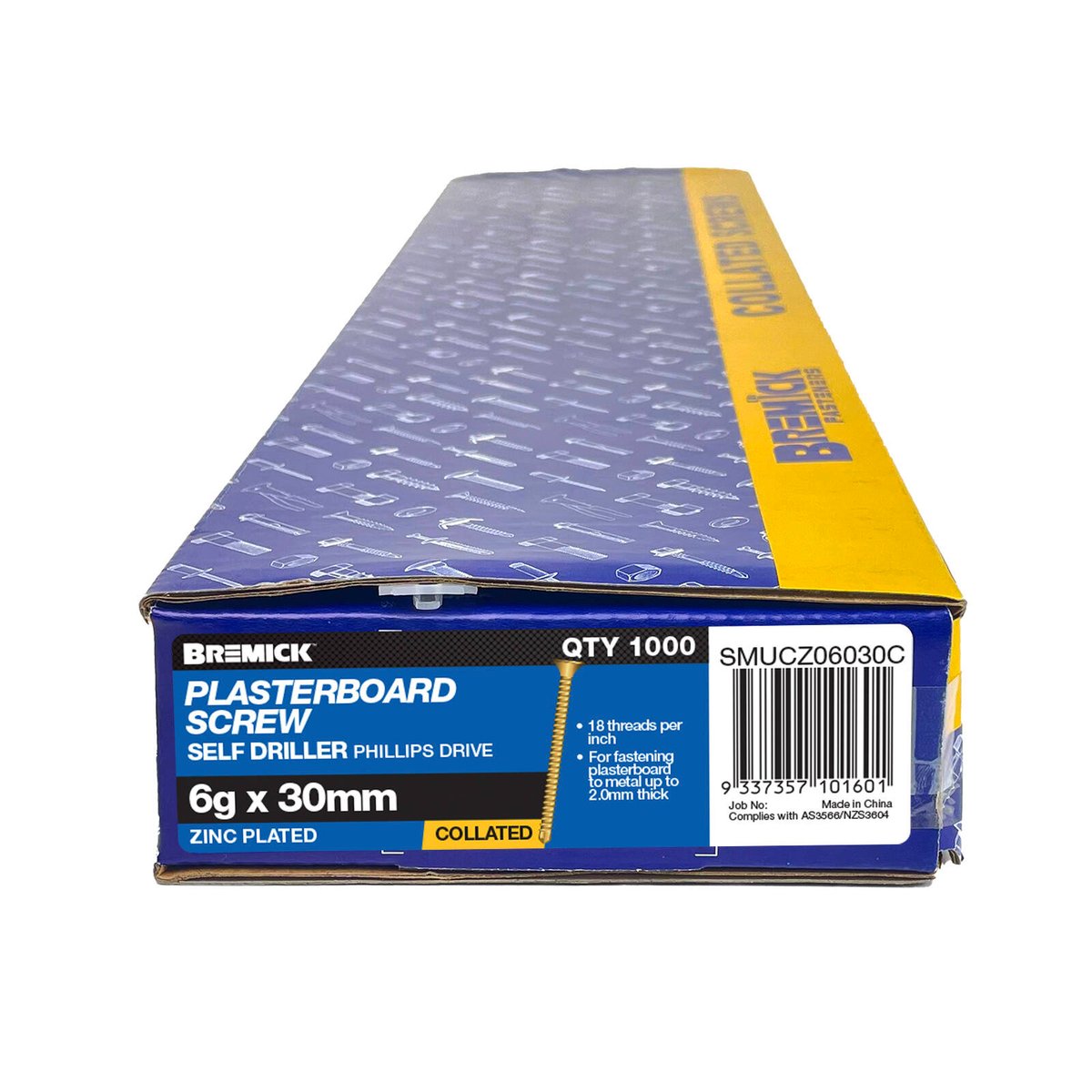 Bremick Collated Plasterboard Screws 6g x 30mm Yellow Zinc Bugle Head Fine Thread 1000 Pack