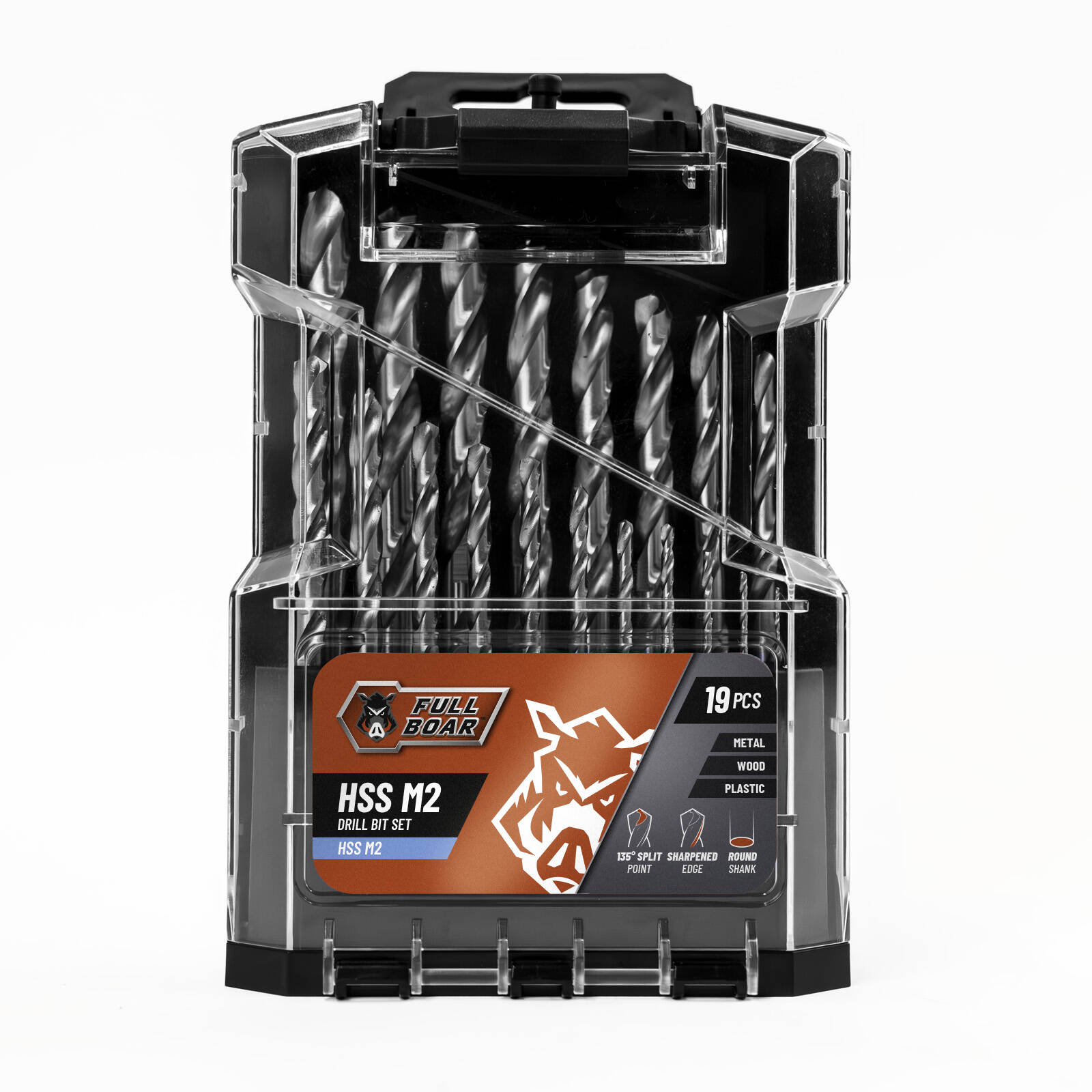 Full Boar 19 Piece HSS M2 Drill Bit Set, 135-Degree Split Point