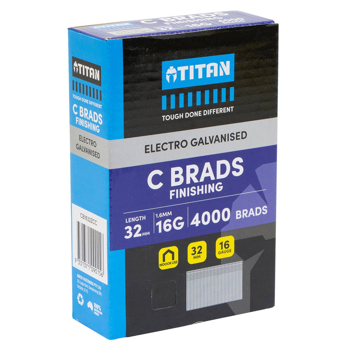 Titan 32 x 1.6mm 16 Gauge Electro Galvanised Straight Collated C Brads - 4000 Pack