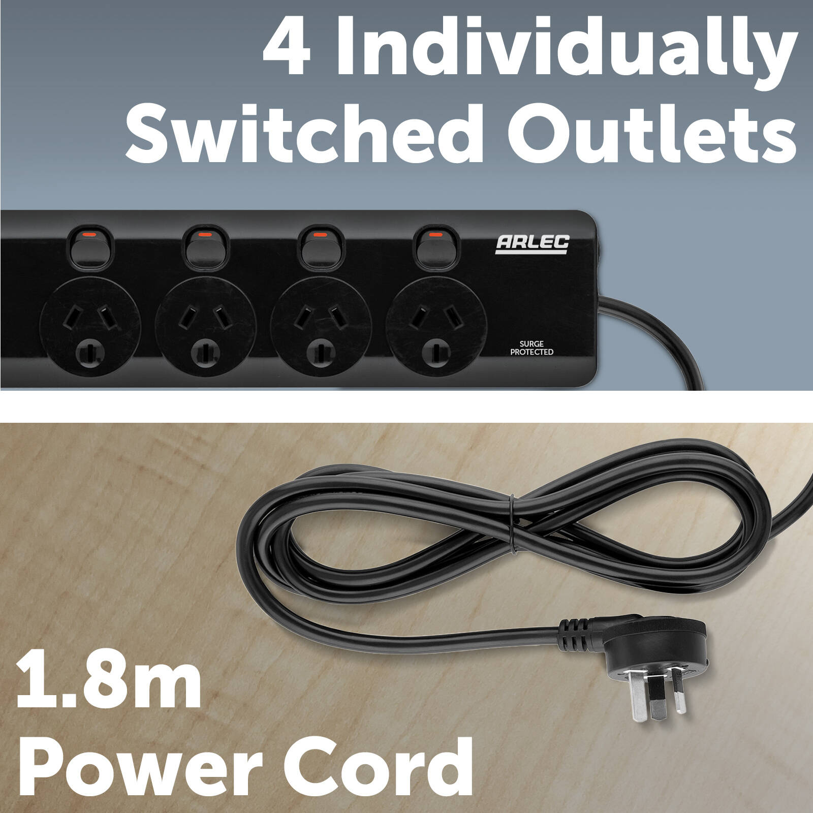 Arlec 4 Outlet Individually Switched Surge Powerboard with PD45W USB-A & USB-C PB46-BKU