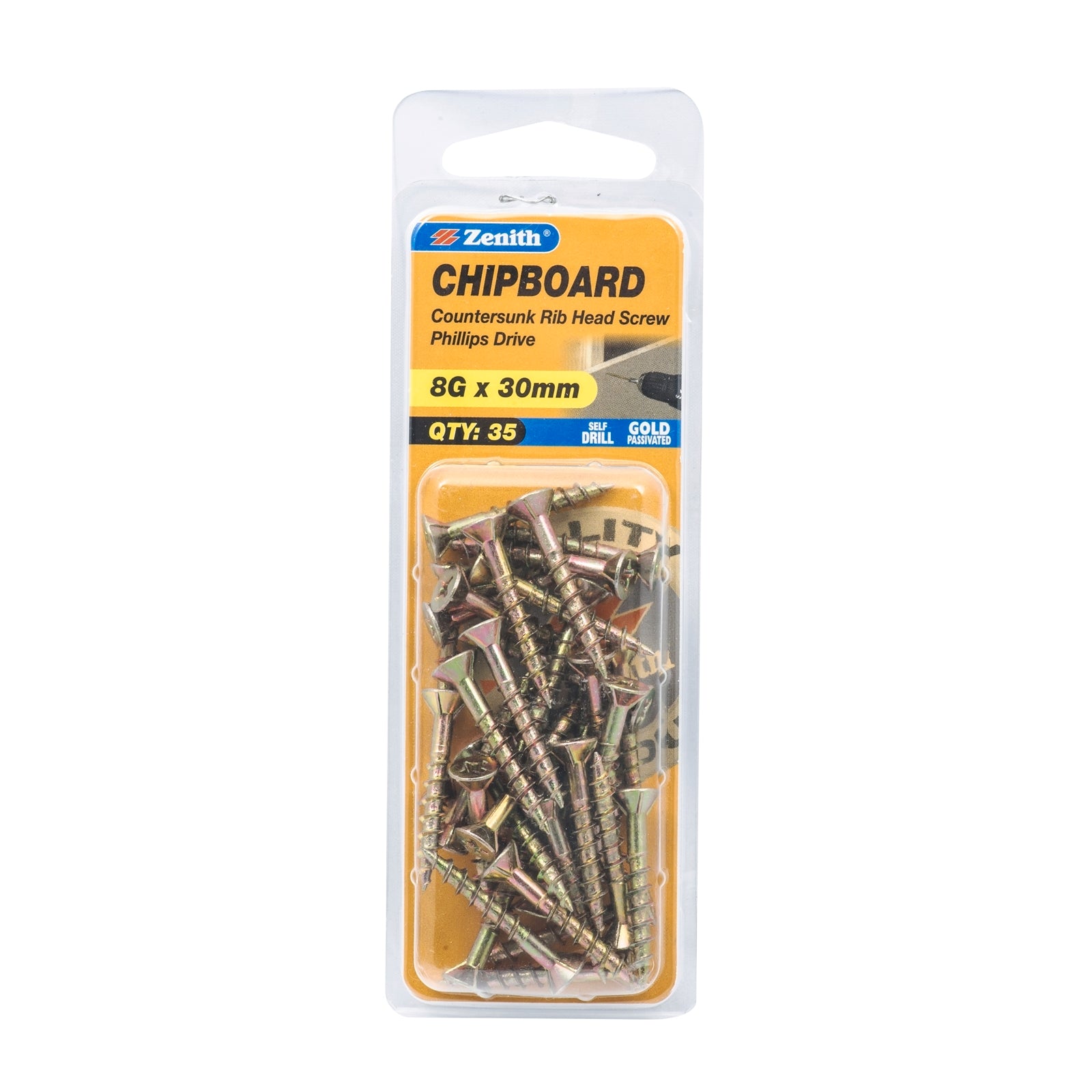 Zenith 8G x 30mm Gold Passivated Countersunk Rib Head Chipboard Screws - 35 Pack